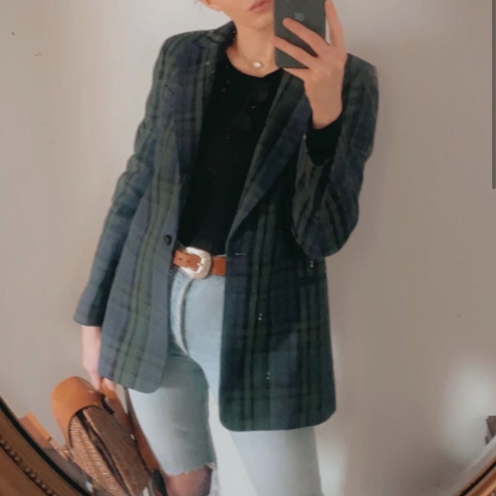 Babaton Green & Blue Plaid Blazer